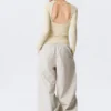 Slim Long-Sleeved Open Back Top – Light Dusty Beige