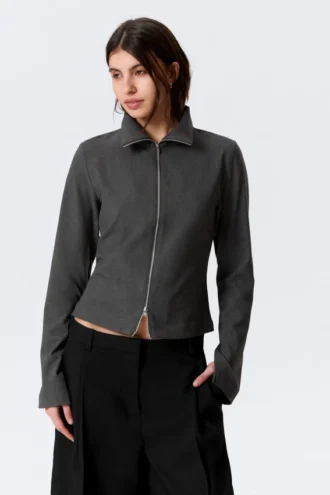 Slim Long-Sleeved Zip Shirt – Dark Grey Melange