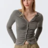 Slim Ruched Button-Front Cardigan – Dark Grey