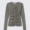 Slim Ruched Button-Front Cardigan – Dark Grey