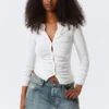 Slim Ruched Button-Front Cardigan – Off-White