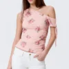 Slim Ruched Off-Shoulder Top – Pink – Floral