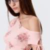 Slim Ruched Off-Shoulder Top – Pink – Floral