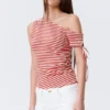 Slim Ruched Off-Shoulder Top – Red/White Stripe