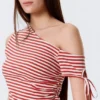 Slim Ruched Off-Shoulder Top – Red/White Stripe