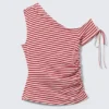 Slim Ruched Off-Shoulder Top – Red/White Stripe