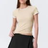 Slim Short-Sleeved Open-Back Top – Beige – White Binding
