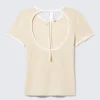 Slim Short-Sleeved Open-Back Top – Beige – White Binding