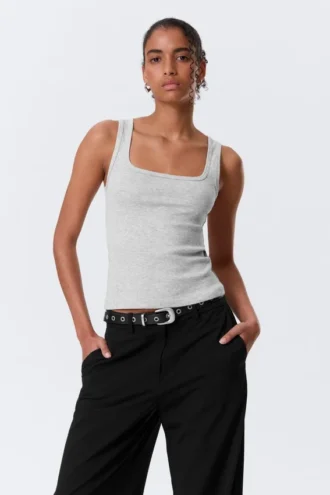 Slim Square Neck Ribbed Tank Top – Grey Melange
