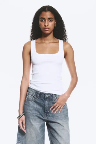 Slim Square Neck Ribbed Tank Top – White