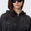 Slim Studded Graphic Zip Hoodie – Washed Studded Black