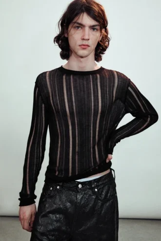 Slim Tear-Knit Long-Sleeved T-Shirt – Black