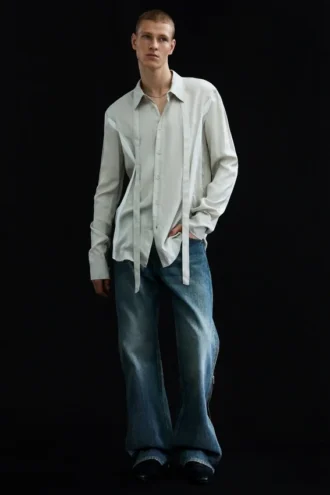 Slim Tie Detail Lyocell Shirt – Light Dusty Mole