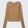 Slim V-Neck Long-Sleeved Top – Dark Beige
