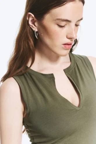 Slim V-Neck Sleeveless Top – Dusty Khaki Green