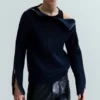 Slim Zip-Sleeve Wool Sweater – Navy Blue