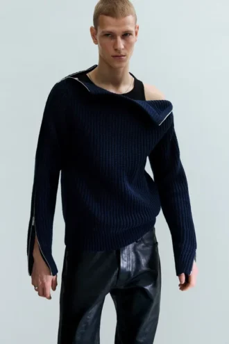 Slim Zip-Sleeve Wool Sweater – Navy Blue