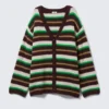 Soft Knit V-Neck Cardigan – Plum/Green/Beige Stripe