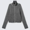 Soft Knitted Fitted Zip Cardigan – Black & Grey Stripes