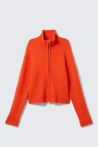 Soft Knitted Fitted Zip Cardigan – Bright Orange