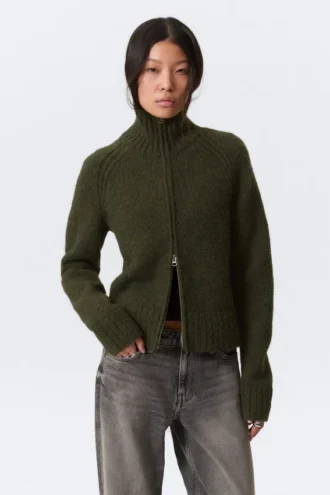 Soft Knitted Fitted Zip Cardigan – Dark Mossy Green