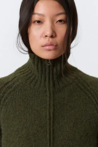 Soft Knitted Fitted Zip Cardigan – Dark Mossy Green