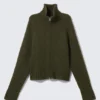 Soft Knitted Fitted Zip Cardigan – Dark Mossy Green