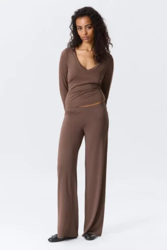 Soft Low Rise Loose Wide Leg Trousers – Washed Mole