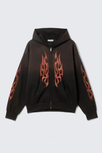Square Graphic Zip Hoodie – Black – Worn-Out Flame