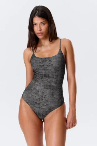 Square Neck Printed Swimsuit – Dark Grey – Alligator Print