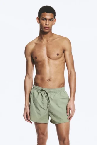 Structured Mid-Thigh Swim Shorts – Light Dusty Khaki Green