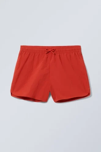 Structured Mid-Thigh Swim Shorts – Red