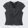 Structured Zip V-Neck Top – Dark Blue