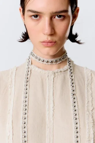 Studded Linen-Blend Choker Necklace – Beige