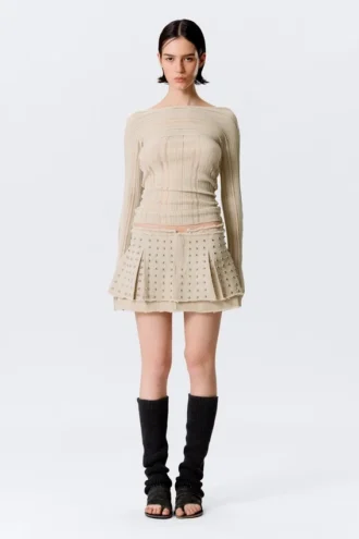 Studded Pleated Mini Skirt – Beige