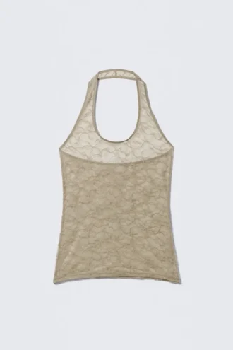 Swirly Lace Halterneck Top – Beige