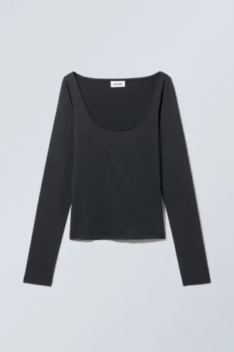 Tea Scoop Neck Long Sleeve Top – Black