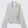 Textured Long-Sleeved Wrap Shirt – Light Grey