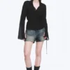Textured Long-Sleeved Wrap Shirt – Transparent Black