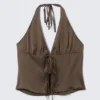 Tie-Front Halterneck Top – Dark Brown