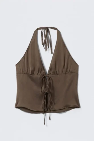 Tie-Front Halterneck Top – Dark Brown