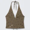 Tie-Front Halterneck Top – Dark Mole – Sequins