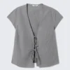 Tie-Front V-Neck Cotton Blouse – Striped Grey