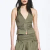 Tie Waist V-Neck Zip Halter Top – Khaki Green