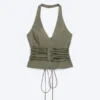 Tie Waist V-Neck Zip Halter Top – Khaki Green