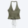 Tie Waist V-Neck Zip Halter Top – Khaki Green