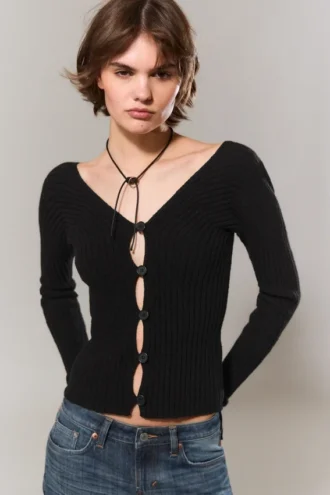Tight Knitted V-Neck Cardigan – Black