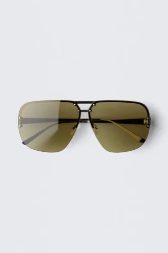 Tinted Oval Aviator Unisex Sunglasses – Silver – Green Lenses