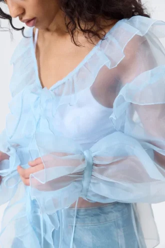 Transparent Frilled V-Neck Blouse – Light Blue