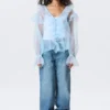 Transparent Frilled V-Neck Blouse – Light Blue